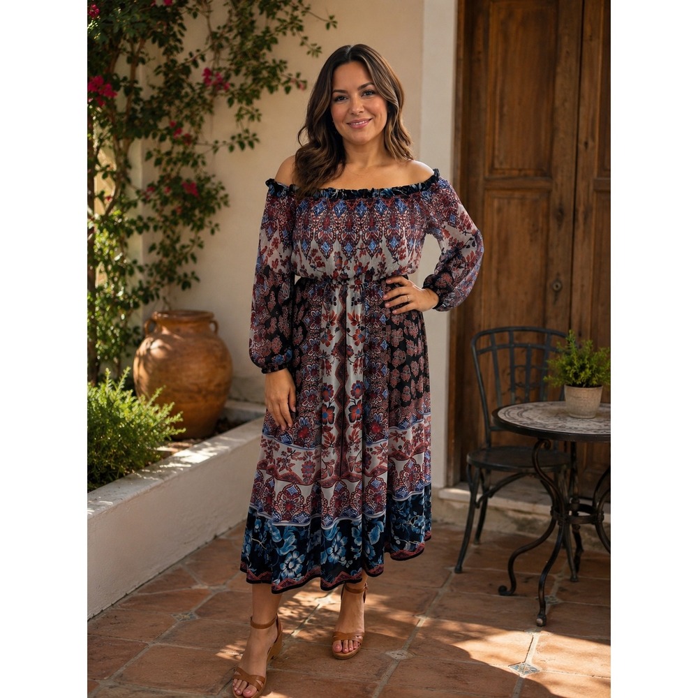 Flying Tomato Boho Smocked Off Shoulder Paisley Floral Midi Dress ID17140 Medium